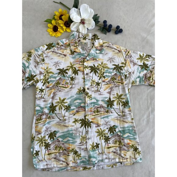 Kona Kai Mens Hawaiian Shirt Tropical Palm Tree colorful Print - Size M Y2K - Picture 1 of 7